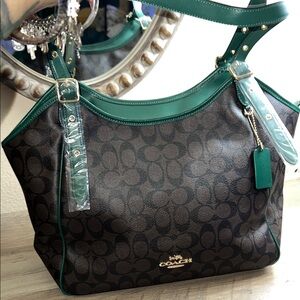 Coach Green and Brown Signature Shoulder Bag
